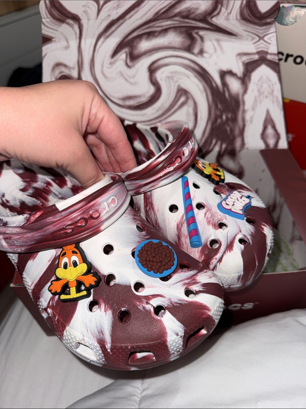 CROCS Cocoa Puffs Maroon & White Swirl Clogs with Character Jibbitz